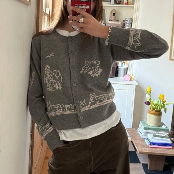 Classic Sea New York Edin Cardigan Small Gray Grey Knit Embroidered Wool - Picture 2 of 16